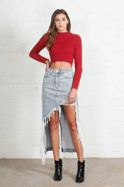 High Rise Distressed Denim Maxi Skirt
