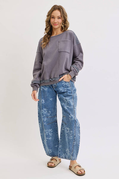 Floral Print Denim Barrel Jeans