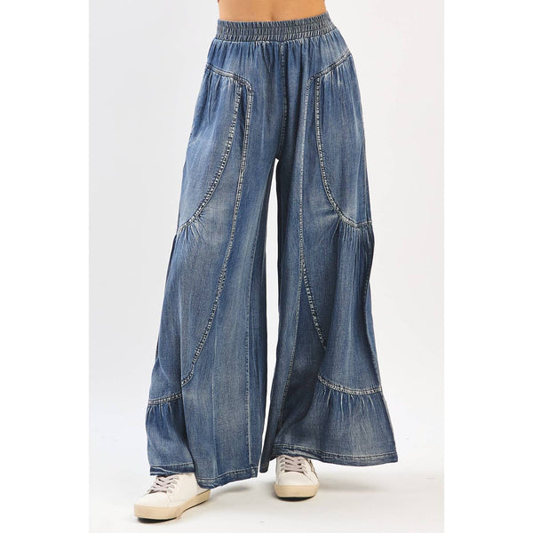 WASHED CHAMBRAY TIER DETAIL WIDE LEG PANTS