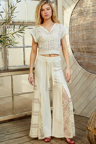 Lace contrast elastic band satin strap solid wide pants