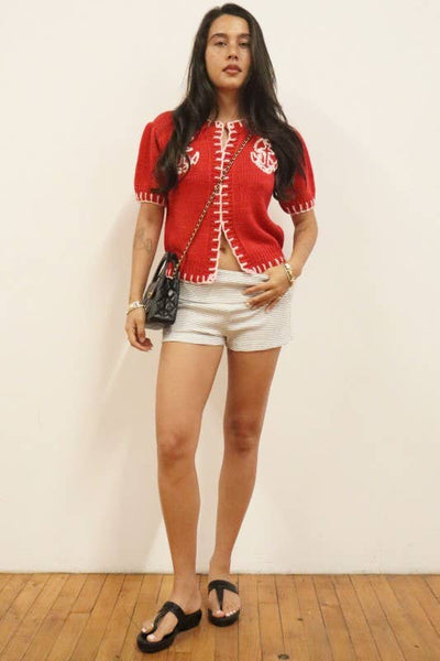Anchor Embroidered Contrast Trim Knit Cardigan