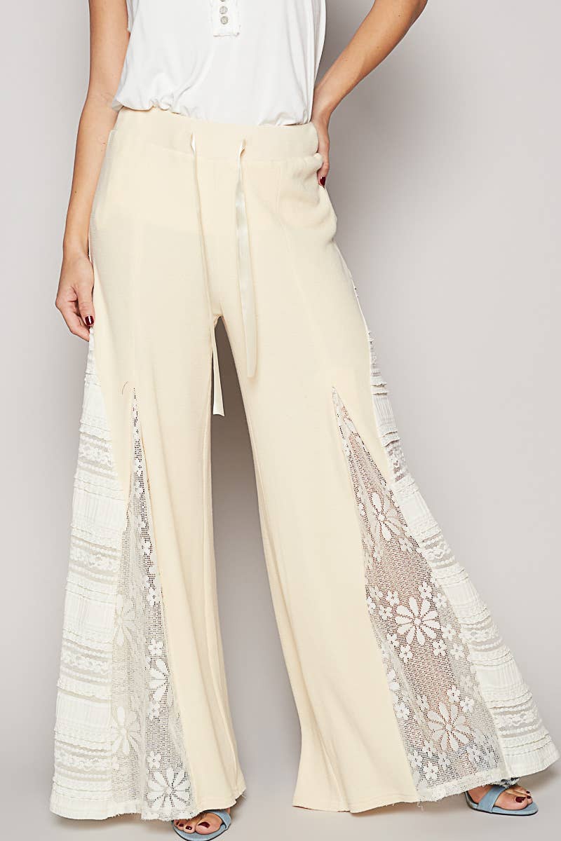 Lace contrast elastic band satin strap solid wide pants
