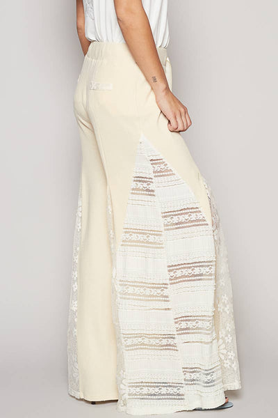 Lace contrast elastic band satin strap solid wide pants