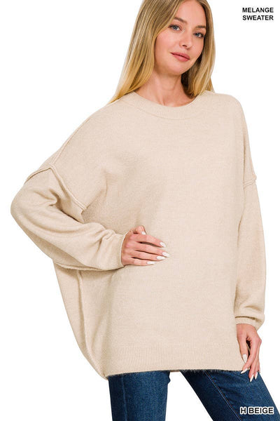 Oversized Round Neck Raw Seam Melange Sweater