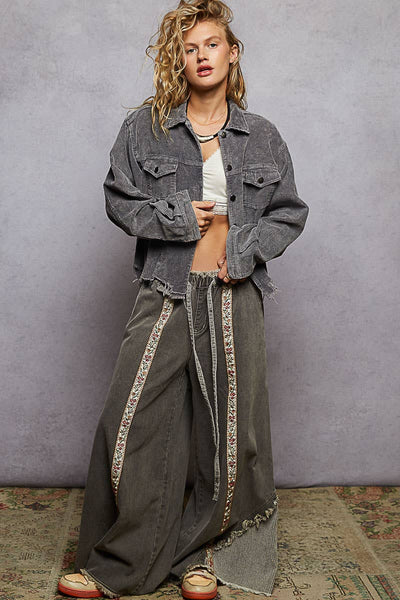 Pocket front button down distressed hem corduroy jacket