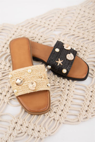Coastal Charm Raffia Slide Sandals with Gold