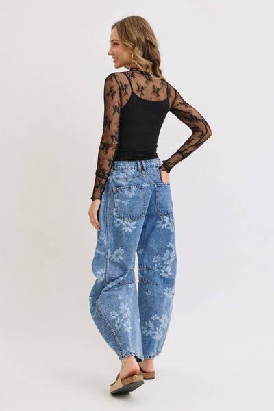 Floral Print Denim Barrel Jeans