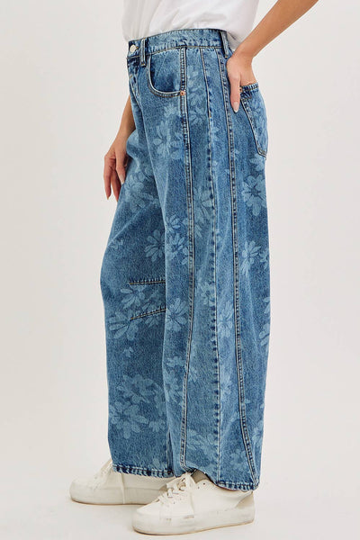 Floral Print Denim Barrel Jeans