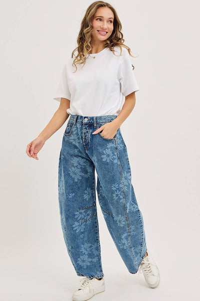 Floral Print Denim Barrel Jeans