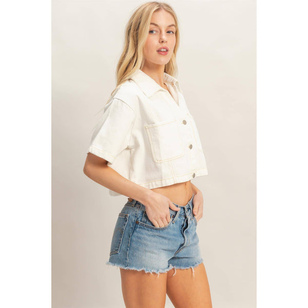 Denim Collared Short Sleeve Top