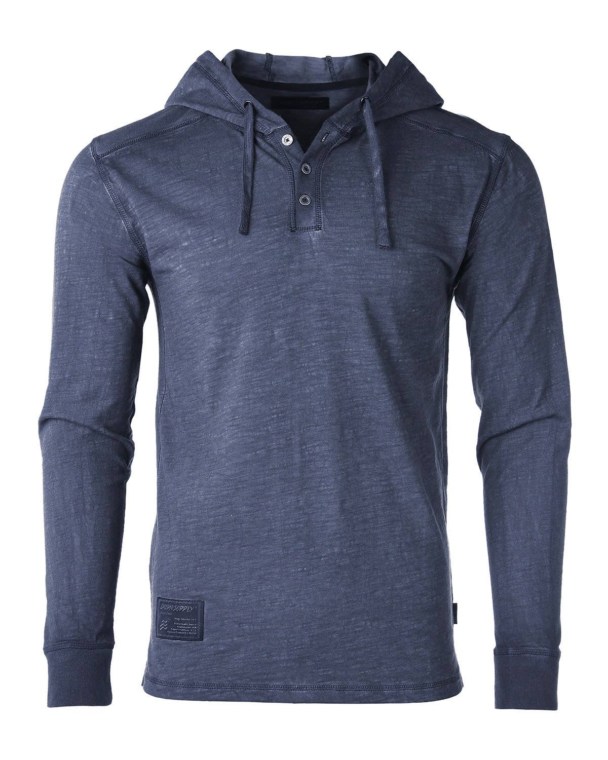 Mens Garment Dyed Casual Long Sleeve Hoodie Henley