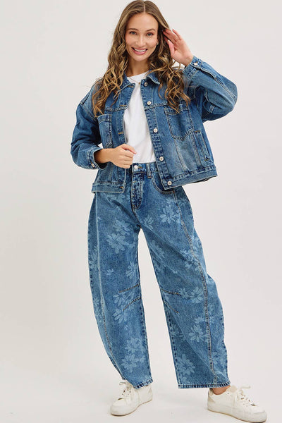 Floral Print Denim Barrel Jeans
