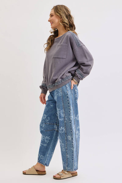 Floral Print Denim Barrel Jeans