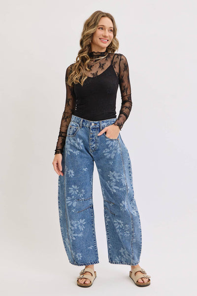 Floral Print Denim Barrel Jeans