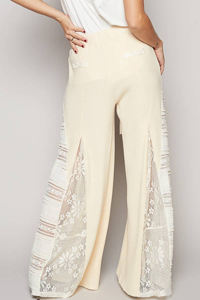 Lace contrast elastic band satin strap solid wide pants