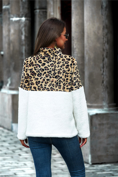 Leopard Color Block Half-Zip Collar Teddy Sweatshirt