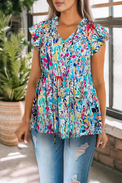 Printed Tie Neck Butterfly Sleeve Babydoll Top