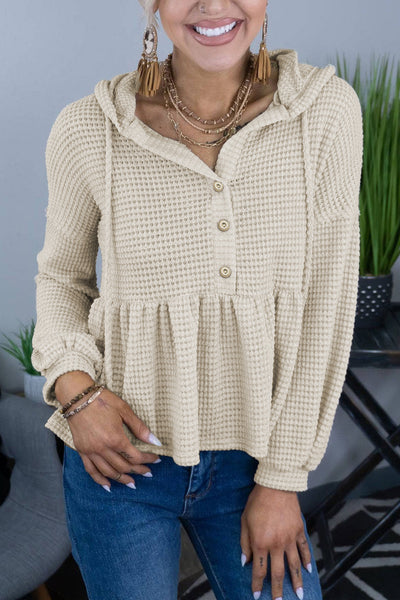 Full Size Buttoned Waffle-Knit Dropped Shoulder Hoodie