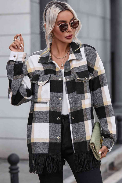 Plaid Collared Neck Snap Front Jacket