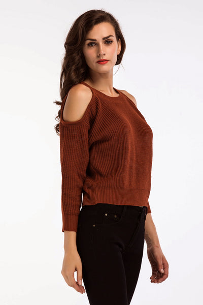 Round Neck Cold-Shoulder Ribbed Sweater