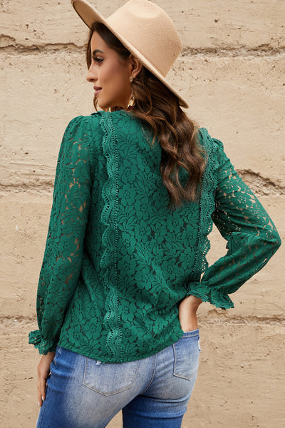 Lace Crochet V-Neck Flounce Sleeve Top