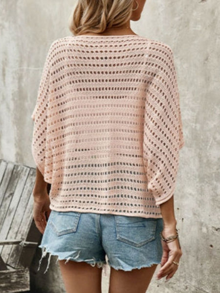 Double Take Openwork Half Sleeve Knit Cover Up
