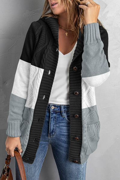 Mixed Print Button Front Hooded Cardigan