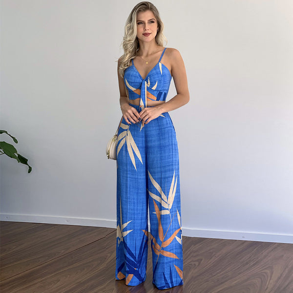 Linen-like casual suit V-neck high-waist printed wide-leg pants two-piece set