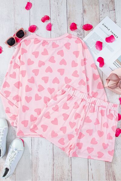Heart Print Round Neck Top and Shorts Lounge Set