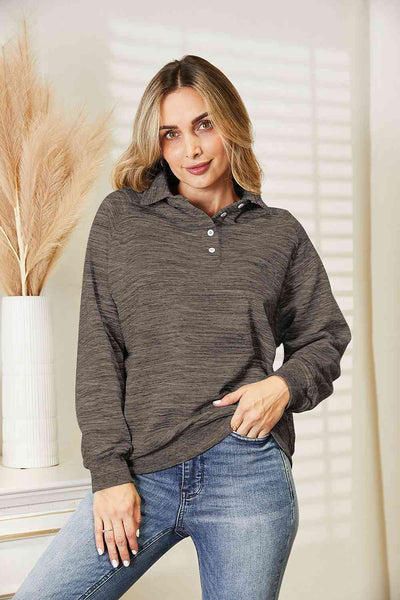 Ninexis Full Size Quarter-Button Collared Sweatshirt