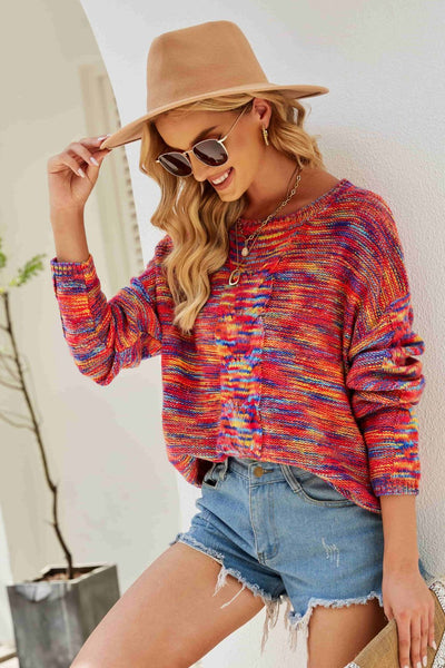 Multicolored Cable-Knit Drop Shoulder Sweater