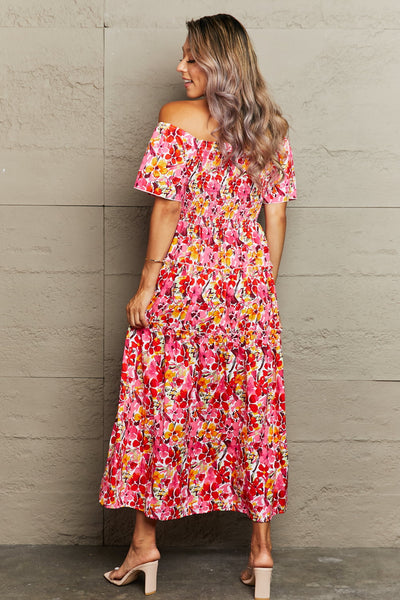 Floral Off-Shoulder Frill Trim Maxi Dress