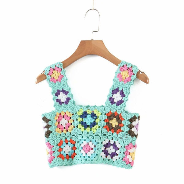 Fashionable Square Neck Sleeveless Short Sleeve Crochet Hollow Vest