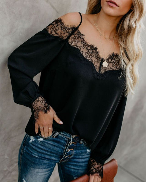Women's Cold-shoulder Blouse With Straps In Solid-colored Crochet Lace