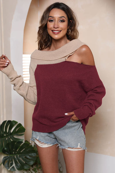 Asymmetrical Long Sleeve Two-Tone Cutout Sweater