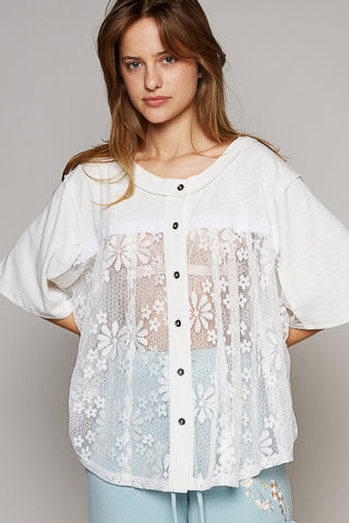 POL Round Neck Short Sleeve Lace Top
