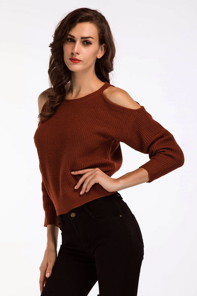 Round Neck Cold-Shoulder Ribbed Sweater