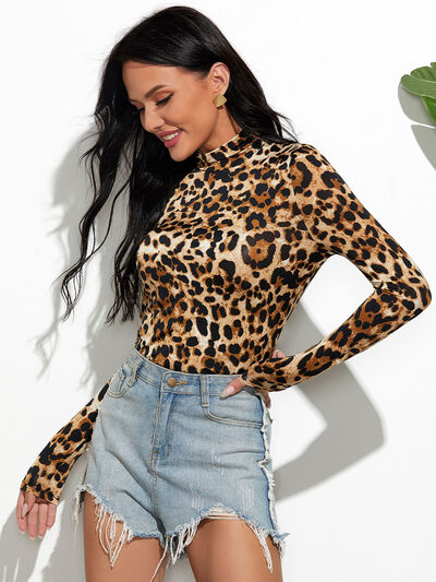 Leopard Mock Neck Long Sleeve T-Shirt