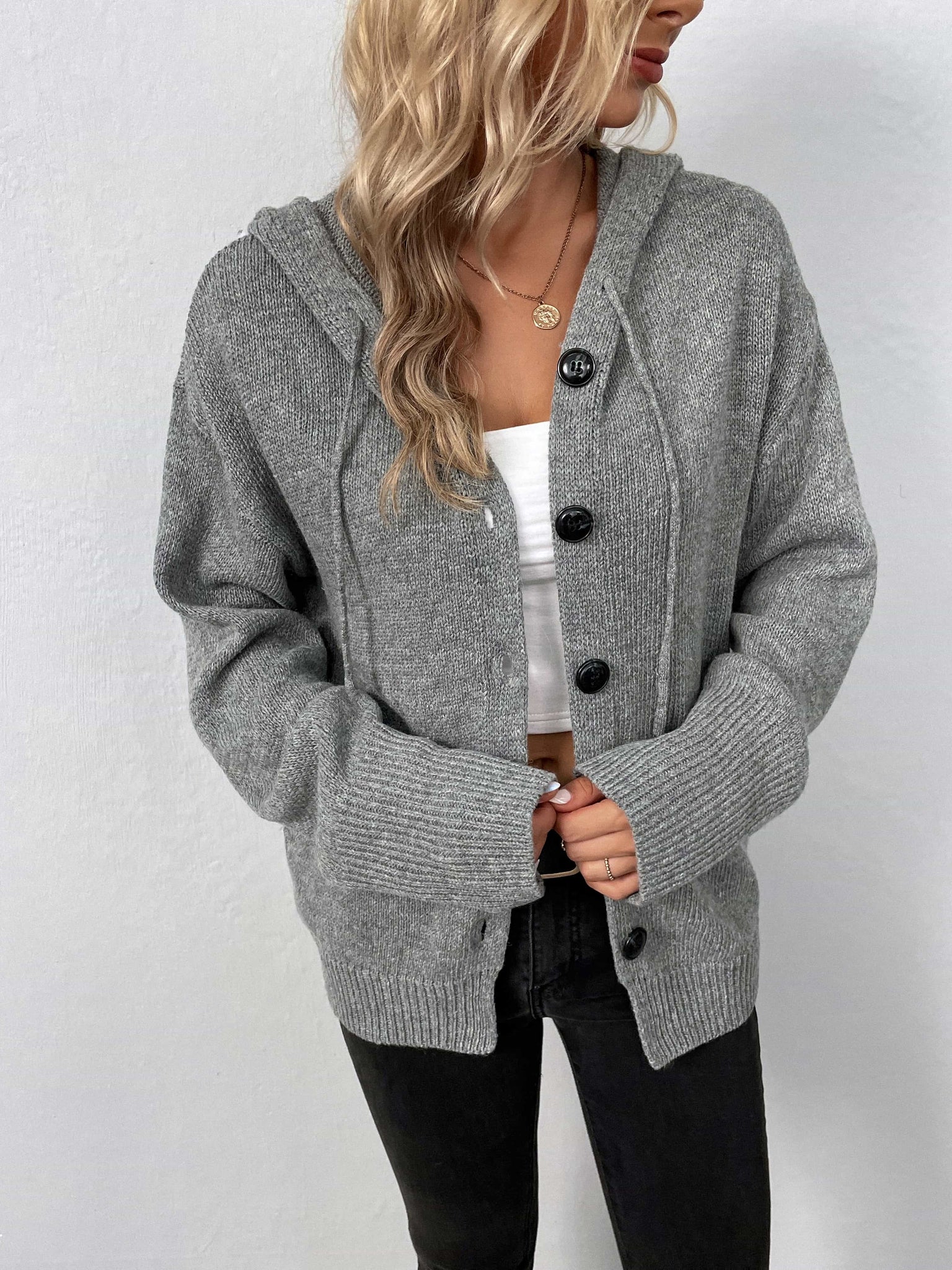 Button-Down Long Sleeve Hooded Sweater