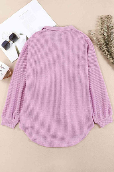 Waffle-Knit Button Up Long Sleeve Shirt with Pocket
