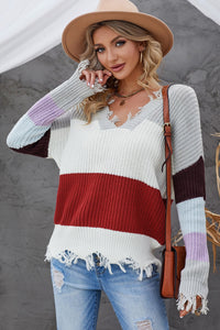 Color Block Distressed V-Neck Ribbed Sweater
