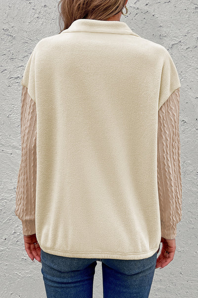 Zip-Up Dropped Shoulder Cable-Knit Sweatshirt