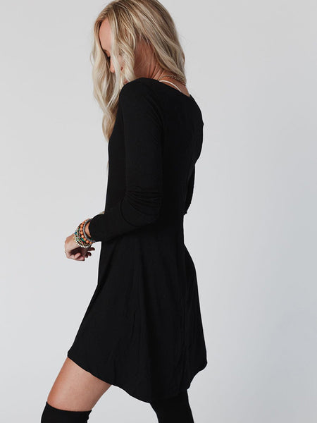 Round Neck Long Sleeve Buttoned Mini Dress
