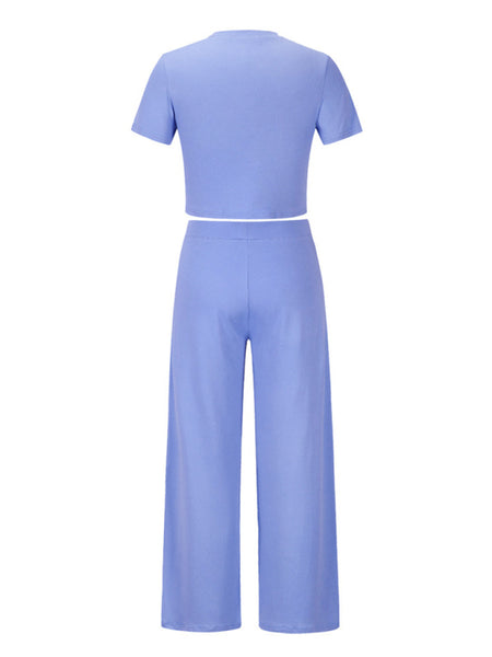 Women's solid color round neck short-sleeved T-shirt + trousers two-piece set
