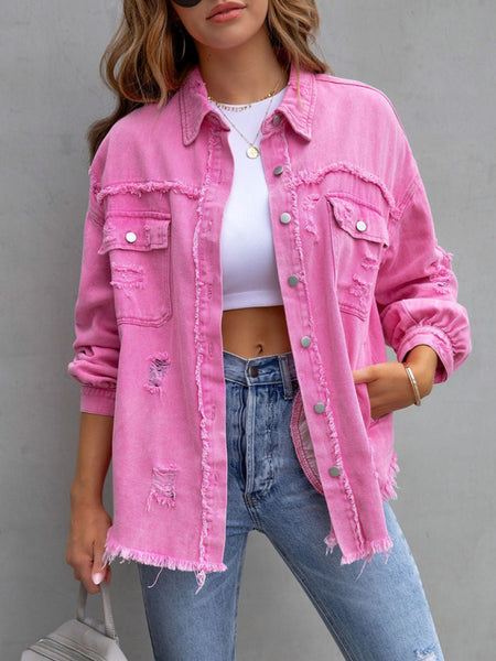 Women’s Solid Color Distressed Denim Jacket