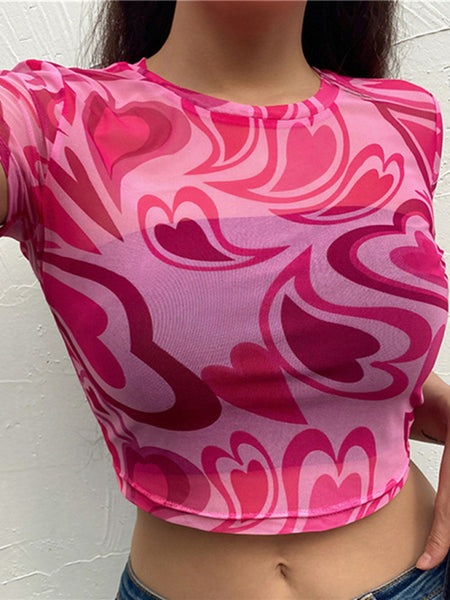 Women's round neck love mesh sexy see-through short-sleeved T-shirt top
