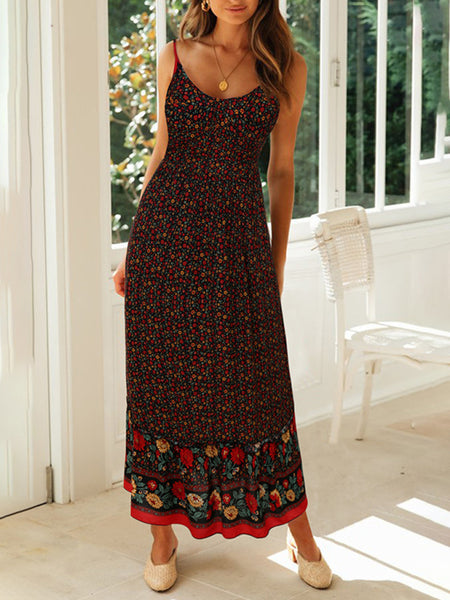 Summer new big swing skirt Bohemian V-neck suspender floral dress