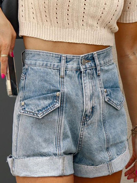 Women's Casual Stitching Turnover Denim Shorts