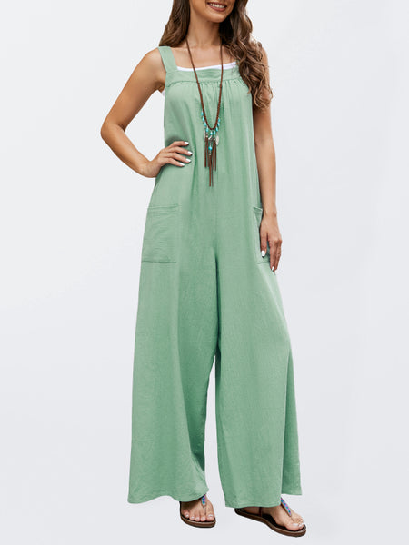 Women's Woven Loose Patch Pockets Casual Long Overalls