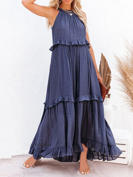 Women's Solid Color Halter Neck Ruffle Tiered Maxi Dress